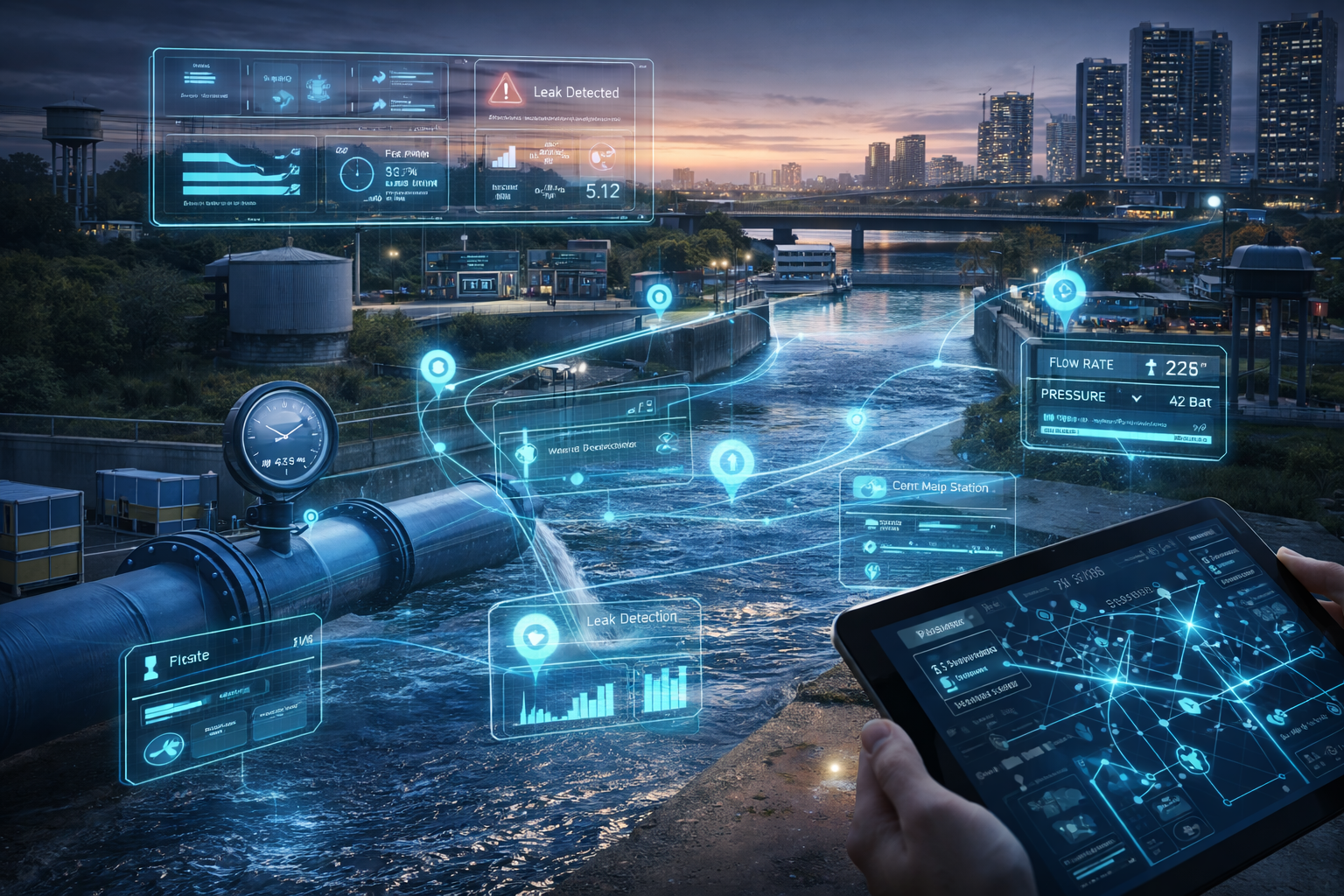 Water treatment plant, pipeline network, or smart city water infrastructure with IoT overlay